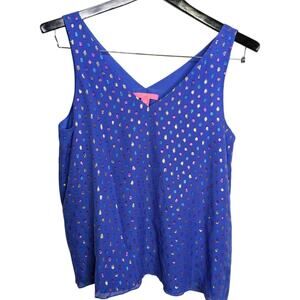 Lilly Pulitzer Florin Top Large Blue Moroccan Metallic Silk V Neck Tank